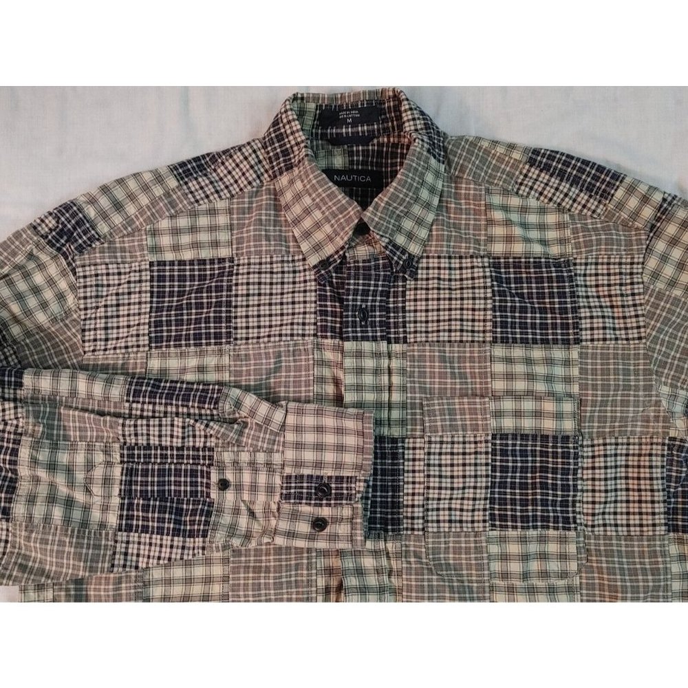 Vintage 90's Nautica Patchwork Plaid Shirt Mens sz M Madras Quilt Piece